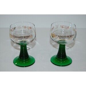 2 Vintage German SCHMITT SOHNE Cordial Wine GLASSES Goblet Green Ribbed Stem
